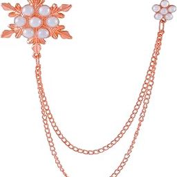 Rose Gold Plated Indo Western Crystal Snow Flakes Design Inspired Lapel Pin Brooch With Hanging Chain Decorated With Pearls For Boys And Men SP10002008-18