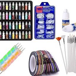 Guriya Nail Art Kit - 48 Pcs Glass Bottles Glitter Stones, 100 Nails,10 Nail Tapes, 15 Nail Art brush, 5 Nail Dotting Pen with 2 Glue (Nail Art Kit)-50