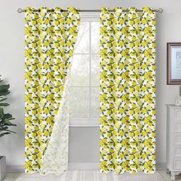 Lemon Pattern Blackout Curtains, Grommet Top Door Panels with Lemon Leaf Design,Yellow and Green, 2 Panels, 7 Feet (N)-image-57