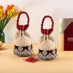 Kuber Industries Potli | Wedding Potli | Drawstring Potli with Handle | Wallet Potli | Christmas Gift Potli | Baby Shower Potli | Traditional Shagun Potli | Pack of 2 | Cream & Maroon-15