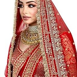 Red Net Sada Saubhagyawati Bhav Bridal Wedding Dupatta With Sequins Kiran lace | Bridal Women's Net Dupatta-image-53