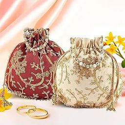 Kuber Industries Pack of 2 Potli Bags for Ladies & Girls | Shagun Pouches for Festive Seasons | Embroidery Batwa Bag Bridal Purse -Cream & Maroon-46