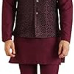 Men's Kurta Jacket Churidar Set, Burgundy Jacquard, Woven Design Regular Fit Mandarin Collar Long Sleeves-image-42