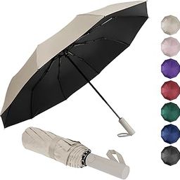 Automatic Open & Close Umbrella Windproof Travel Umbrella for Rain Heavy Duty Reinforced Fiberglass Frame Portable Folding Compact Umbrella 10 RIBS Beige-20