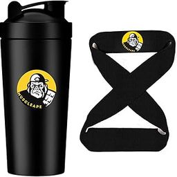 Stainless Steel Shaker BottleWith Pair Of 8 Shape Lifting Straps For Gym (Black) 100% Leakproof Guarantee, Ideal For Protein, Pre Workout, Bcaas & Water Bpa Free Material, 750 milliliter.-36