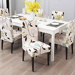 SHOVIJ Printed Elastic Chair Cover Stretchable Removable Washable Dining Chair Cover Protector Seat Slipcover (Pack of 6) - Cream Flower-image-63