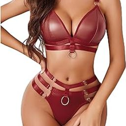 Lingerie Set for Women O-Ring Linked Strappy Lingerie Cut Out Choker Bra and Panty Set Lingerie 3 Pieces Valentine Honeymoon Outfit-picture-18