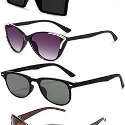Unisex Combo Offer Pack Of 4 UV400 Protection Stylish Frame Fashion Sunglasses For Men And Women - Black Rectangular Cateye Round Brown Butterfly With Box-picture-11