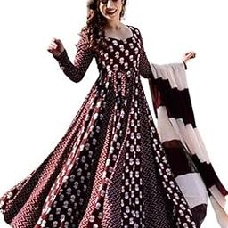Women's Rayon Floral Printed Flared Gown with Dupatta Maroon-25