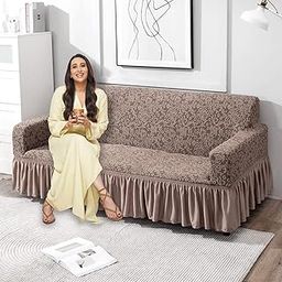 HOKIPO Woven Jacquard Elastic Stretchable Triple Seater Sofa Cover with Ruffle Skirt (AR-4648-J3)( Light Taupe)-image-47