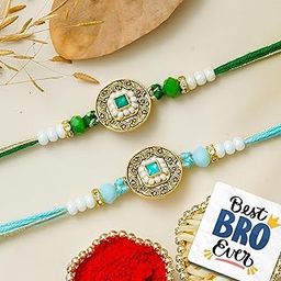 eCraftIndia Set of 2 Kundan Pearls Beads Designer Rakhis | Best Bro Ever Fridge Magnet | Roli Chawal Pack | Rakhi for Brother Bhaiya Bhai Bhabhi Kids-25