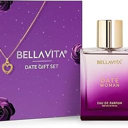 BELLAVITA Date Gift Set | Long Lasting Date Woman EDP 100ml | with Pink Pepper & Jasmine | Premium Fragrance Perfume for Women & Heart Shape Pendant Gold Chain 30gm-41