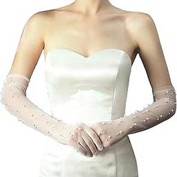 Pearl Women’s Wedding Gloves Long Tulle Bridal Gloves White Finger 20s Opera Evening Party Sheer Gloves for Brides, White, One Size-image-1