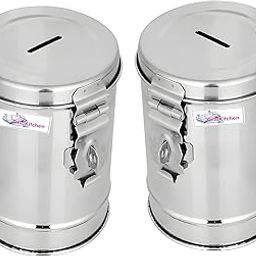 GRIDKITCHEN Round Shape Stainless Steel Coin Box Piggy Bank Money Antique Organiser/Container Gullak Tin Metal for Kids Coin Collecting Money Saving Box Pack of 2 (Silver)-image-65