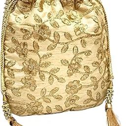 Premium Women's Golden Floral Potli Bag Purse for Party Wedding-25