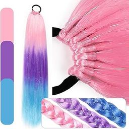 Creamily Rave Crazy Hair Day,Colored Ponytail Extension For Kid Ombre Braid Ponytail Blend Hair Tinsel For Child Colorful Tinsel Ponytail For Rainbow Festival Party Pink Dark Purple Dark Blue-image-62