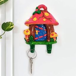 Mushroom House Key Holder Handcrafted Design Corel Red & Green Wall Mount White Cement, 2 Self Hook, Fairy Tale Theme-image-43