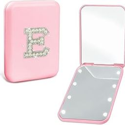 Aganmi Personalized Pocket Mirror Travel Accessories, Cute Pink 2-Sided Travel Makeup Mirror with Magnification, Preppy Pearl Initial Small Portable Folding Compact Mirror for Purse (E)-40
