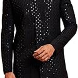 Men Black Rayon Sherwani - Sequin Embroidery Mandarin Collar Festive-image-75