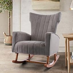 DESIGNER LIBRARY- Modern Grey Velvet Upholstered Rocking Chair with Sheesham Wood Base - Ergonomic Design | High Back (Grey)-image-85