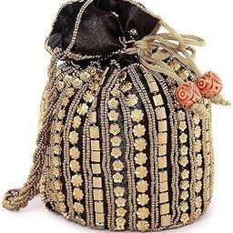 Designer Potli Bag for women with Golden Embroidery and Pearl Handle Tassel-28
