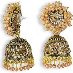 CITARRA Golden Oxidised Gold Plated Multicolour Rhinestone Jhumka Earrings with Peach Pearl Drop | Traditional Brass & Alloy Jhumki for Women & Girls-image-2