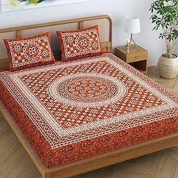 SheetKart 144 TC 100% Cotton Summer Floral Printed Jaipuri Bedsheet for Double Bed King Size with 2 Pillow Covers - Caramel Red-image-70