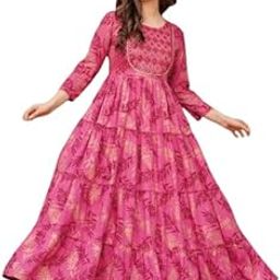 Beautiful Trending Long Pink Gown with Beautiful Front Mirror Embroidery and Floral Print for Women's and Girls-image-6
