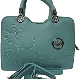 REET Stores Floral Embossed Green/Teal Handbag for Women | Faux Leather Top Handle Purse with Sling Strap | Designer Tote Bag with Adjustable & Detachable Strap | Height 18 CM | Color Green/Teal-image-26