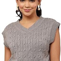 Women's Acrylic Sleeveless with V-Neck Cable Knit Grey Sweater Vest-image-42
