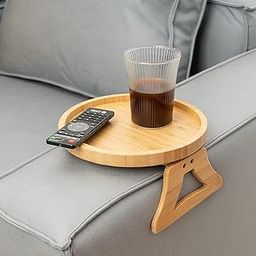 BeFunky Side Tables Natural Bamboo Sofa Armrest Clip-On Tray, Ideal for Remote/Drinks/Phone (Round Shape)-14