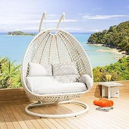 Hindoro Rattan Wicker Wrought Iron Two Seater Swing Chair with Powder Coated Stand & Cushion & Hook || Double Hammock Swing for Adults & Kids | (King, White)-picture-16