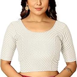 Round Neck Dobby Cotton Lycra Stretchable Elbow Half Sleeve Readymade Saree Blouse for Women Stylish-image-52