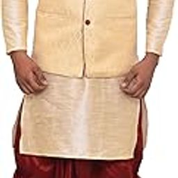 Men's Dupion Maroon Dhoti Golden Kurta with Jacket or Waistcoat Set UNM-123-RAF-image-47