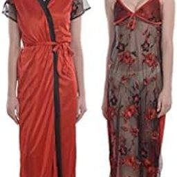 FNK Style Satin Soft Trasparent Sexy Nighty Maxi Babydoll with Robe for Women Sleep Wear Night & Honeymoon Red-image-8
