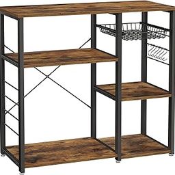 VASAGLE ALINRU Engineered Wood Alloy Steel Kitchen Rack, Coffee Bar with Wire Basket 6 Hooks Microwave Oven Stand Metal Frame Wood Look, (Rustic Brown, 35.4 Inches)-52