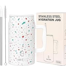 House of Quirk 1500ML Mug Tumbler with Handle and Straw Lid, Stainless Steel Large Water Bottle Gifts for Women Men Him Her (Cream Paint)-image-16