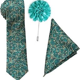 Men's Green Micro Polyester Necktie Set with Pocket Square and Lapel Pin (Pink, Free Size)-picture-15