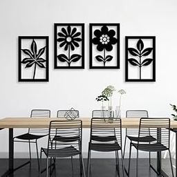 KC Modern Floral Wall Art Panels, Set of 4, Black Frame, Botanical Silhouette Design for Dining Room Decor-image-2