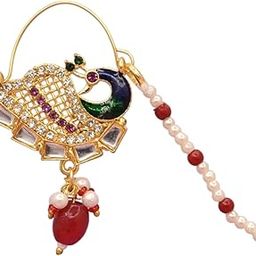 Gold Plated Traditional Ethnic Bridal Nose ring Nosepin Piercing nath with Pearls chain for Women n Girls-N 2669-11