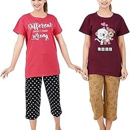 Women's Cotton Printed Top & All Over Print Capri Pyjama Set/Pajama Night Suit Set/Sleep wear Set/Loungewear Set California Rust Woke Up Black Smile Yellow Combo Pack-image-22