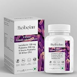 Meibotan Lactoferrin Supplement with Probiotics 30 Billion CFU For Men & Women with 8 Strains - Stimulates the Immune System, Regulates Iron Metabolism, Digestion, Immunity Support- 60 Veg Capsules-8