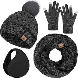 Winter Hat Scarf Gloves and Ear Warmer, Warm Knit Beanie Hat Touch Screen Gloves Set Winter Gifts Neck Scarves for Women-image-69