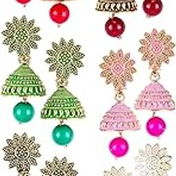 Jhumka Earrings For Women Girls Ladies Earrings Combo Set Valentine Gift Traditional Wedding Gold Meenakari Ethnic Antique South Indian Round Small Pearl Moti Jhumkas Feather Peacock Jhumki-46
