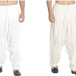 vastramay Men's White Cotton Blend Patiala Style Pyjama for ethnic wear, plus Beige Cotton Blend Pyjama.-picture-8