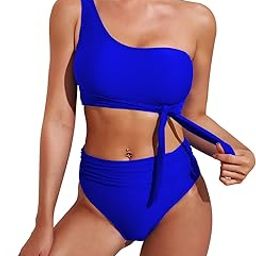 Women's One Shoulder High Waisted Bikini Set Two Piece Tie Ruched Swimsuit-image-33