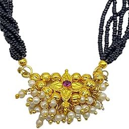 Short Mangalsutra Designs Gold Plated Necklace Fancy Mangalsutra Maharashtrian Style Tanmaniya Vati Pendant 6 Line Gold & Black Beads, Pearls Chain Mangalsutra Latest Designs For Women (14 Inches)-image-16