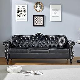TREE TO DREAMY Vintage Chesterfield Sofa Couch, Faux Leatherette, Tufted with Silver Nailhead Trim for Living Room (Black Leatherette, 3 Seater)-image-73