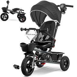 RIDYEE - 7 in 1 tricycle for 18 months to 5 years, toddler swivel seat 1.5-3, tricycle for 3-5 years old with DIY stickers, all-terrain rubber tyres, double brake-1