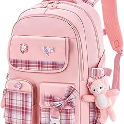 Stylish Plaid Design Kawaii Solid Color Girls Backpack with Plush Bunny Keychain & Stickers, Lightweight Water-Resistant School Bag Large Capacity Bookbag for Middle & High School Students-image-85